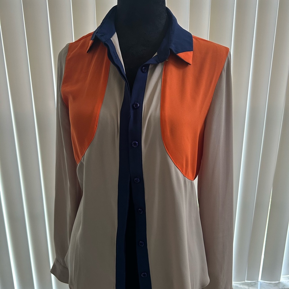 Esley Orange ,navy ,and Tan Notched Collar Button Down Shirt